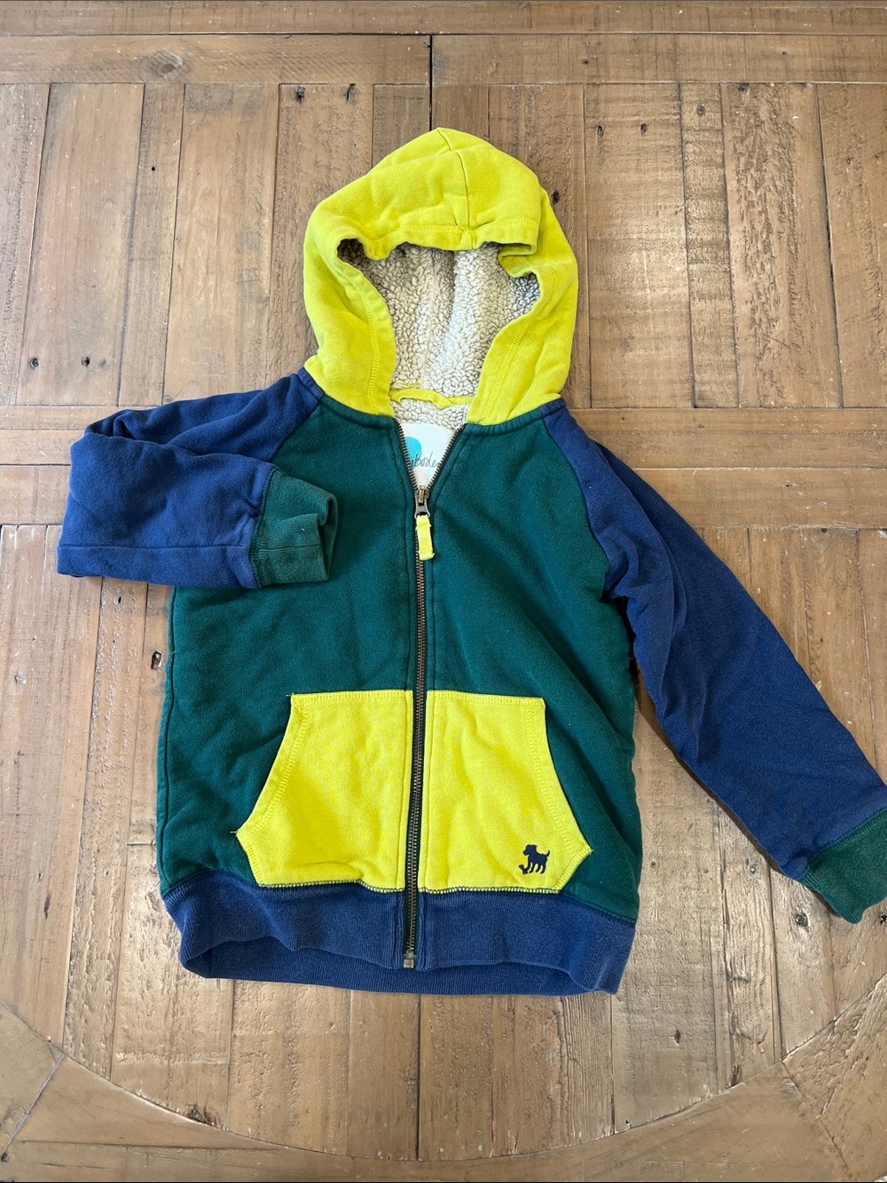 Mini Boden colorblock Sherpa lined zip front hoodie sweatshirt jacket 5-6 years